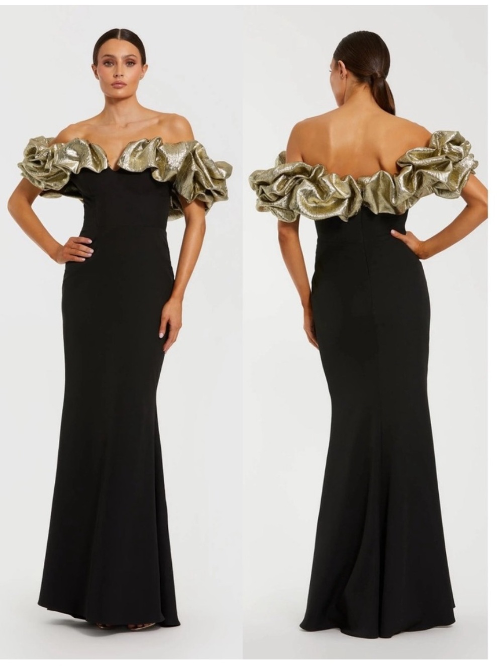 NWT Mac Duggal Metallic Gold
Ruffle Off Shoulder Black Mermaid Gown 12